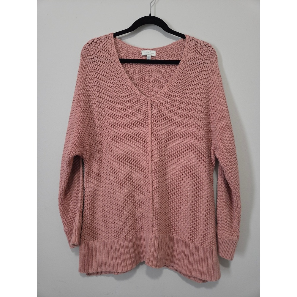 Lucky Brand Womens Pink Textured Knit V-Neck Sweater Size 1X Oversized Cotton Bl